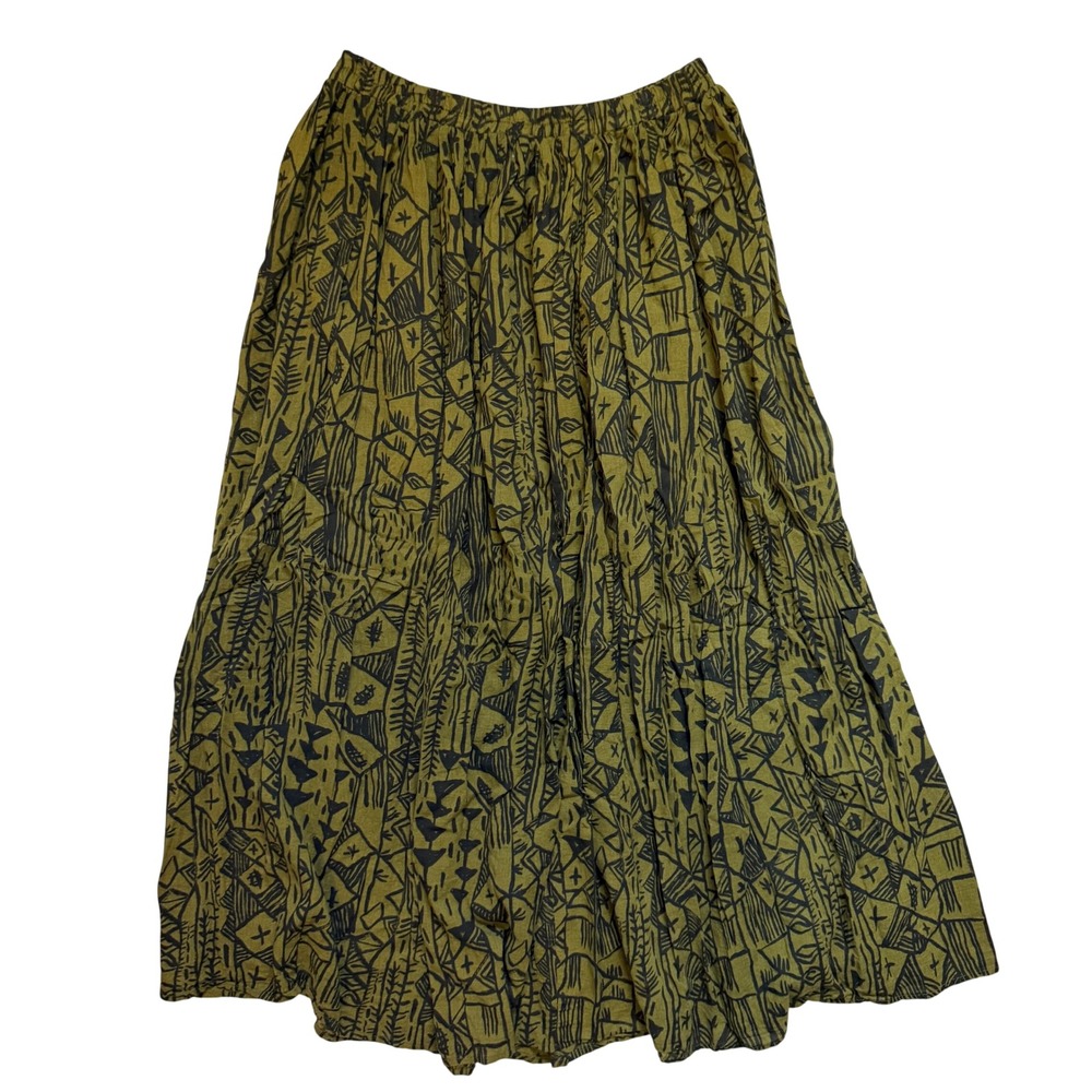Vintage 80s Eddie Bauer Womens Olive Green Tribal Geometric Midi Skirt USA